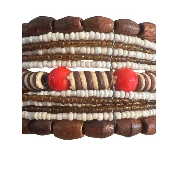 Vintage Memory Wire Cuff Bracelet Wood Ceramic Beads Brown Orange Boho Estate - Picture 2 of 5